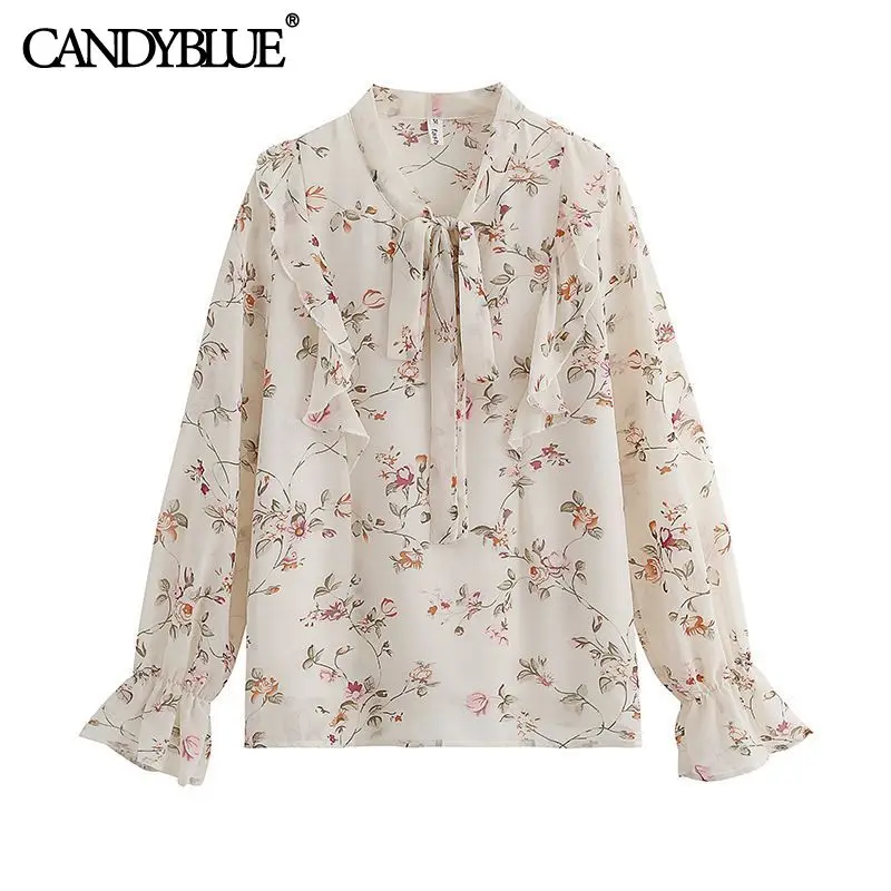 

Trumpet sleeve chiffon shirt women's 2022 spring new fashion age reduction sweet lotus leaf floral loose elegant casual shirt