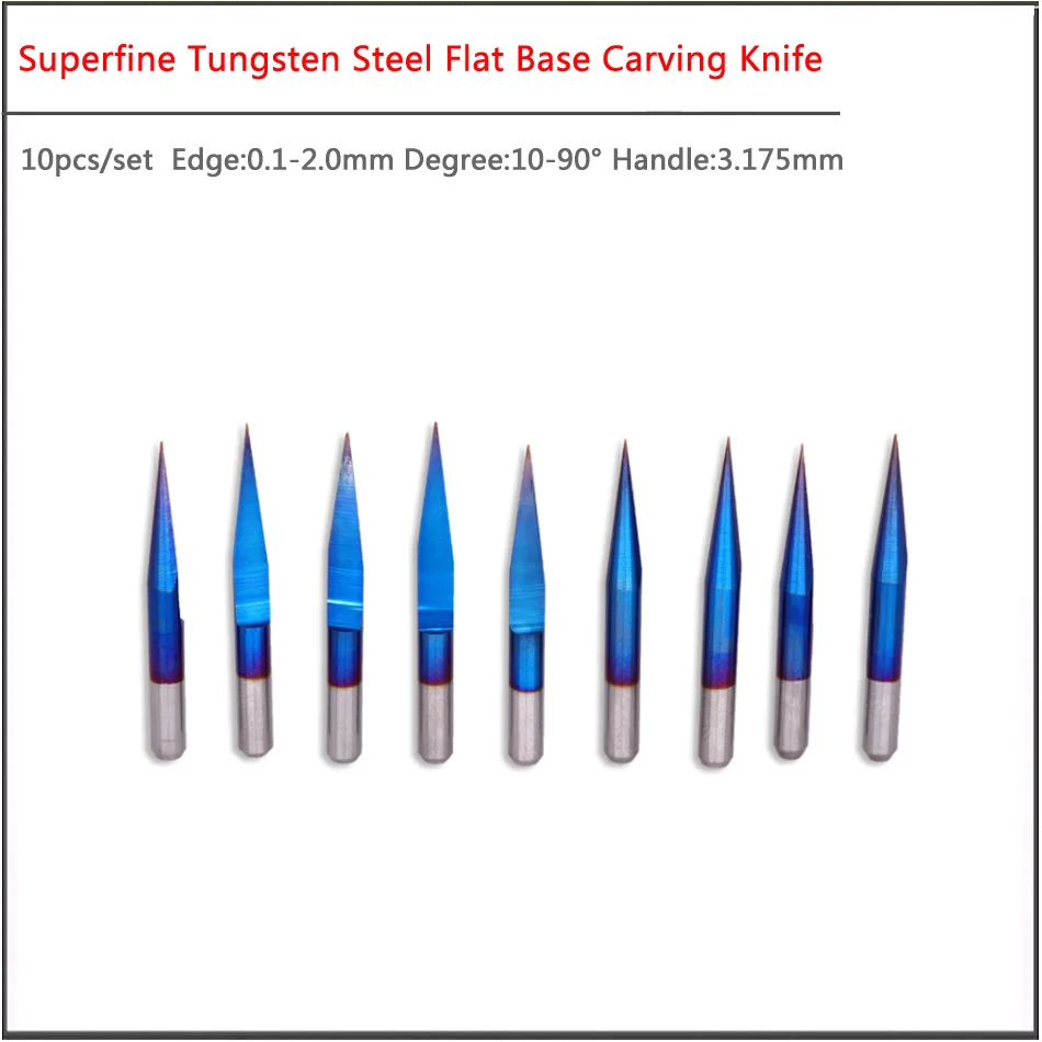 10pcs set 0.1 0.2 0.3 0.4 0.5 1.0 1.5mm handle 3.175mm ultrafine blue coating flat base carving knife CNC engraving machine tool