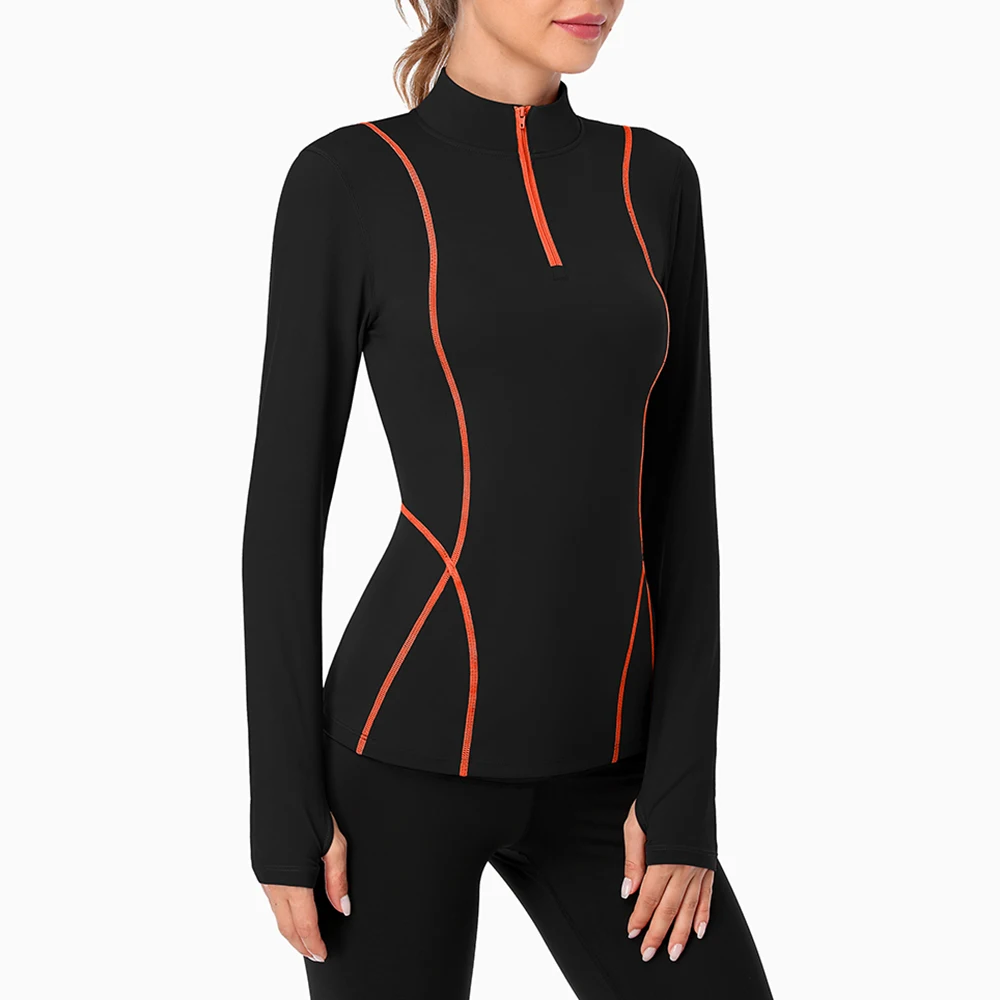 Attraco Women's Long Sleeve Workout Tops Zip Thumb Hole Athletic Running Sweatshirt Rash Guard Pullover