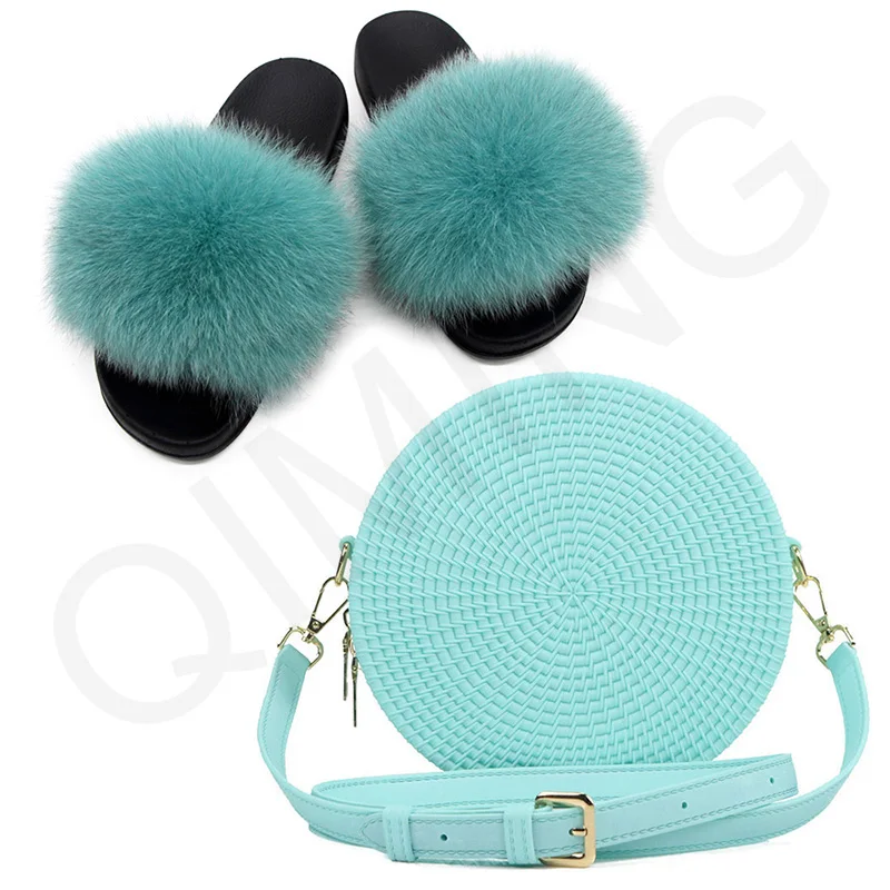Mint Green Женские пушистый мех, шлепанцы с натуральным лисьим мехом, радужные гелевые сумки, шлепанцы для дома, Пушистый Плюшевый милый мех, Вьетнамки, обувь для путешествий - Цвет: Mint Green