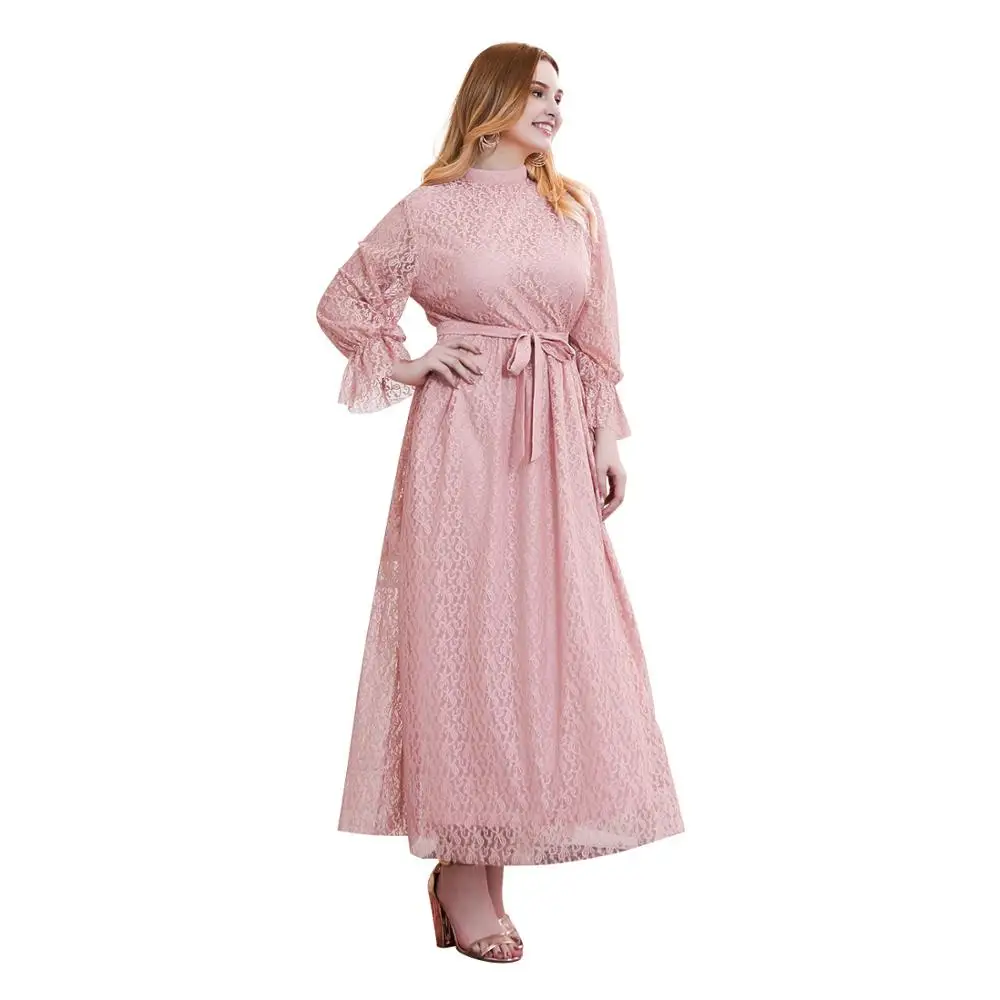 Осень зима размера плюс длинное платье для женщин большое свободное повседневное кружевное платье с длинным рукавом и круглым вырезом розовый пояс 4XL 5XL 6XL 7XL