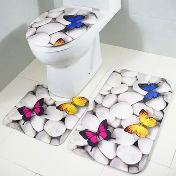 

4pcs Butterfly Pattern Water Absorb Bathroom Shower Curtain Toilet Cover Non Slip Rugs Mat Set Decorative Waterproof Accessories