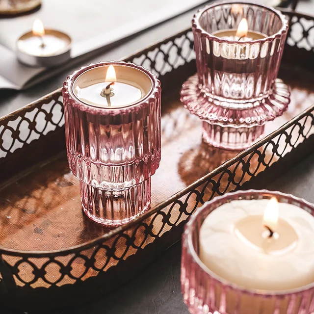 Nordic Pink Glass Candlestick European Taper Candles Holders Table Candle Stand Small Tealight candle holder Home Decoration 3