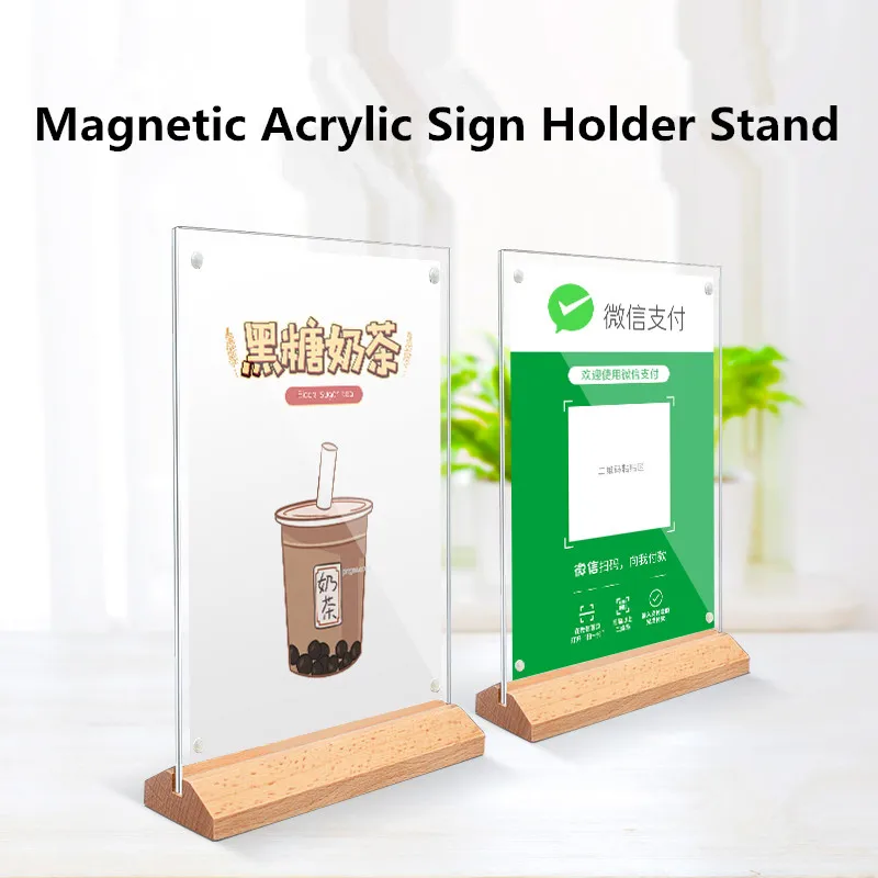 A4 Vertically Loading Wood Base Countertop Clear Acrylic Sign Holders Display Stand 8.5x11 Paper Photo Advertising Board Frame