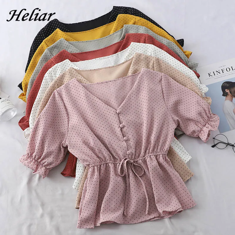 

V Neck Buttoned Up Shirt Trim Polka Dot V-neck Half Sleeve Elastic Waist Ladies 2021 Spring Women Tops and Blouses