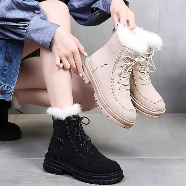 

Casual Snow Boots Women Winter The New Lace-up Round Toe Med (3cm-5cm) Plus velvet Thicken Keep Warm Cotton Shoes High Quality