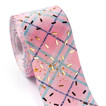 

Rainbow and Plaid Stripes Gold Foil Thermal Transfer Printed Grosgrain Ribbon 2 yards 75mm for DIY