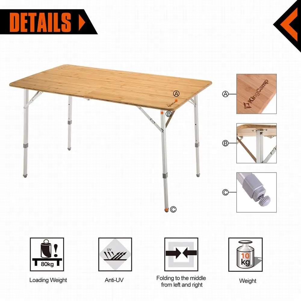 Three Heights,4-6 People Picnic Camping KingCamp Bamboo Heavy Duty 176 lbs Environmental Protection Oversize Anti-UV Portable Folding Table
