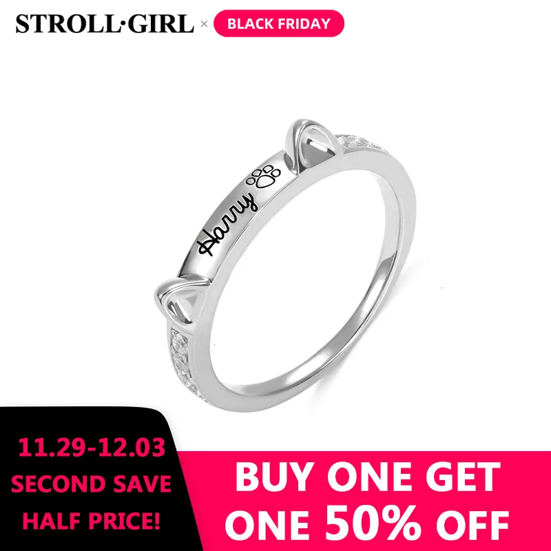 

Strollgirl new personalized 925 sterling silver custom cat ear engraved name ring commemorating cat 2019 best gift Free shipping