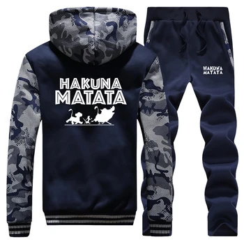 

Men coat sweatpants Winter popular Sets Warm Hooded Sportswear Fleece hakuna matata print Thick Tracksuit 2Pcs Jacket+Pants Suit