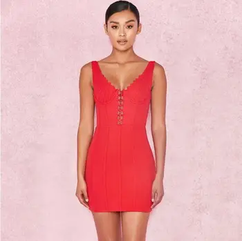 

summer v-neck strap mini rivet red white bodycon sexy low bosom backless women evening pub dress party bandage dresses