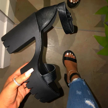 

Women High Heels Sandals Women's Platform Ankle Straps Woman Female PU 2020 Square Heels Ladies Shoes Leather Buckle Plus Size