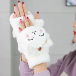Cute Thick Rabbit Fur Knit Mittens Plush fingerless Gloves Flip Half Finger Driving Glove Winter Soft Warm Gloves for Women Girl