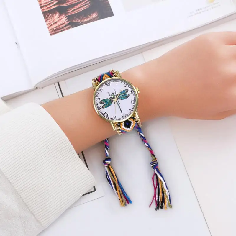 

Vintage Women Dragonfly Pattern Watch Colorful Weave Rope Band Quartz Watch