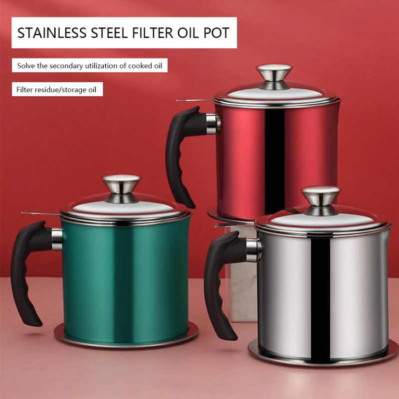 1.2L Kitchen Cooking Oil Filter Pot Soup Grease Stainless Steel Strainer Separator