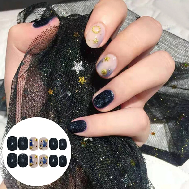 24pcs Full Cover Fake Nails Artificial French Shinning Surface Navy Blue Fnished Nail Art False Nails Faux Ongles With Glue