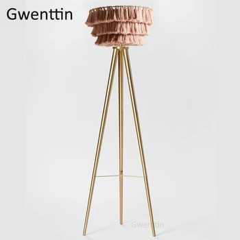 

Nordic Pink Silk Thread Floor Lamp for Living Room Modern Gold Tripod Led Standing Light Fixtures Bedroom Stand Lights Home Deco