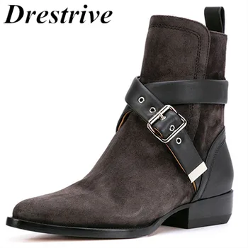 

Drestrive Women Ankle Boots Cow Suede Low Heel 2.5 CM Buckle 2020 Ladies Winter Shoes Big Size 43 Pointed Toe Snakeskin Platform