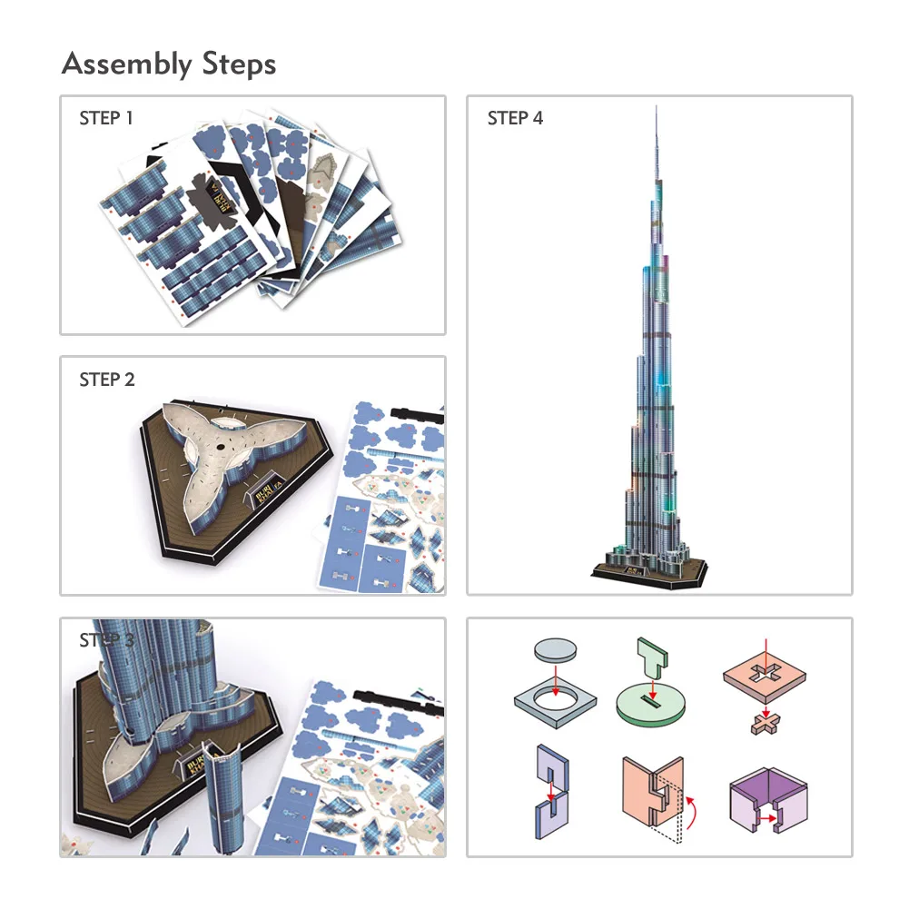 CubicFun 3D Puzzles LED Dubai Burj Khalifa 57.5" H Architecture Building Model Kits 136Pcs Tower Jigsaw Toys for Adults Kids 4