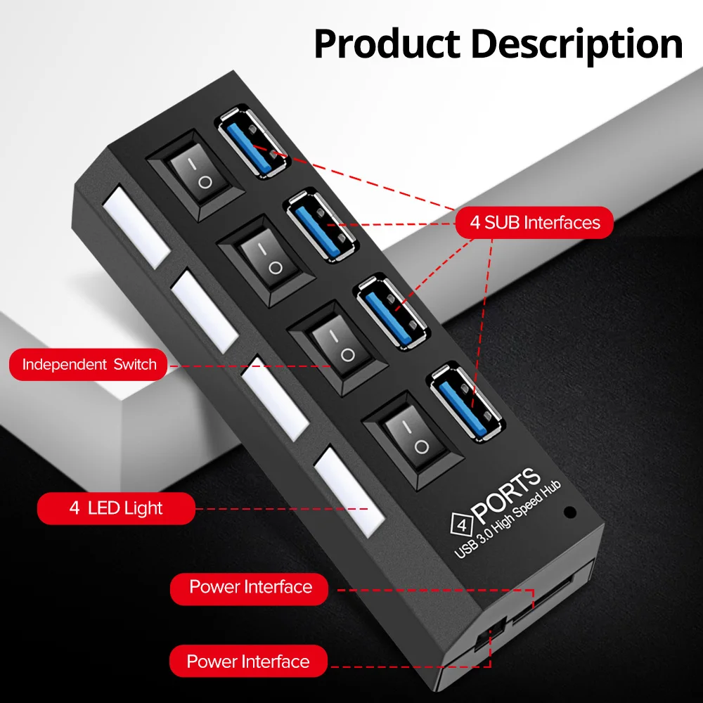 FONKEN usb-хаб 3,0 переключатель светодиодный дисплей 4 порта расширитель 5 Гбит/с хаб клавиатура концентратор разветвитель адаптер для настольный компьютер, принтер планшет мышь