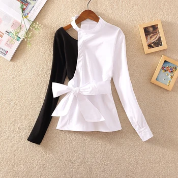 

lady elegant women blouse 2020 summer new long-sleeved o-neck long-sleeved ruffels sashes slim patchwork pulls outwear tops