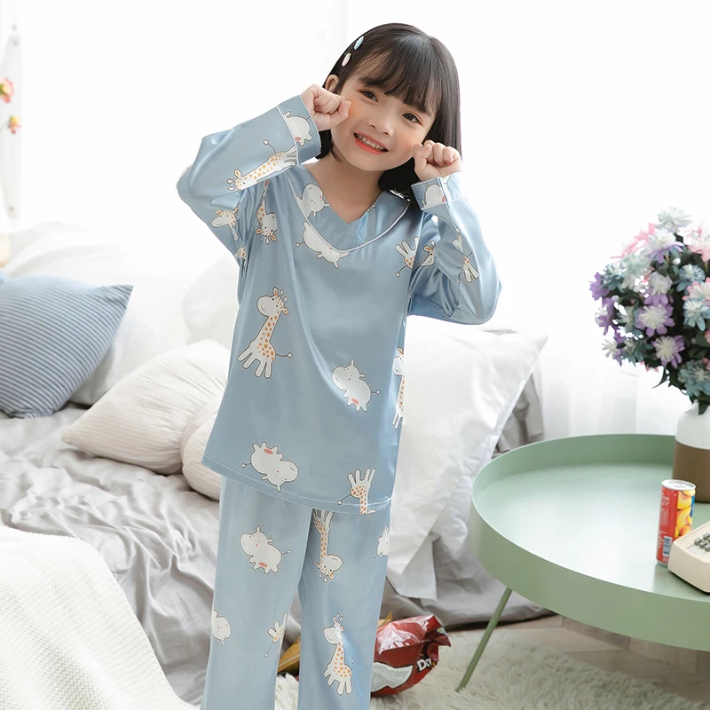 Шелковые пижамы для девочек, осенняя тонкая Пижама, костюм Детская атласная Домашняя одежда с длинными рукавами одежда для сна для маленьких девочек детская одежда для отдыха с v-образным вырезом