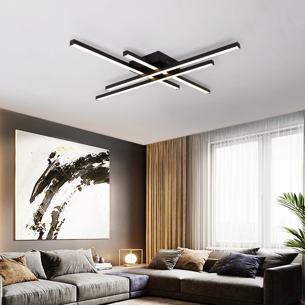

UMEILUCE Line Shape Semi Flush Mounted Black Color for Living Bed Dinning Room 4 Lights Ceiling Lights Easy Install