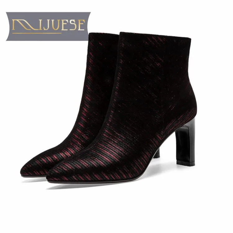 MLJUESE 2020 women ankle boots sheepskin red color zippers pointed toe autumn spring high heels party dress | Обувь