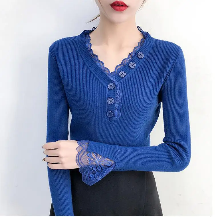 

Elegant Lady Office Spring Autumn Basic Knitted Lace Sweaters Sexy V-neck Butterfly Sleeve Bodycon Thin Pullover Jumpers Slim