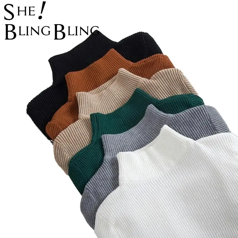 SheBlingBling-suéter de punto para mujer, jersey de manga larga con cuello alto, informal, ajustado, para Otoño e Invierno