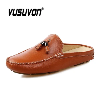 

Genuine Leather Men Slippers Summer 2020 Fashion Half Shoes for Man Moccasins Tassel Loafers Breathable Mules Flat Shoes