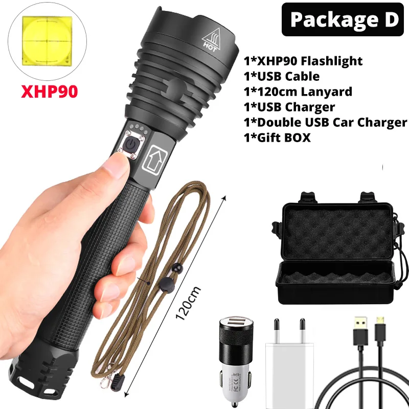 Мощный светодиодный светильник-вспышка XHP90, перезаряжаемый через USB, XHP70.2, тактический фонарь, водонепроницаемый, с увеличением, охотничий светильник, Use18650 или 26650 Battey - Испускаемый цвет: Package D-XHP90