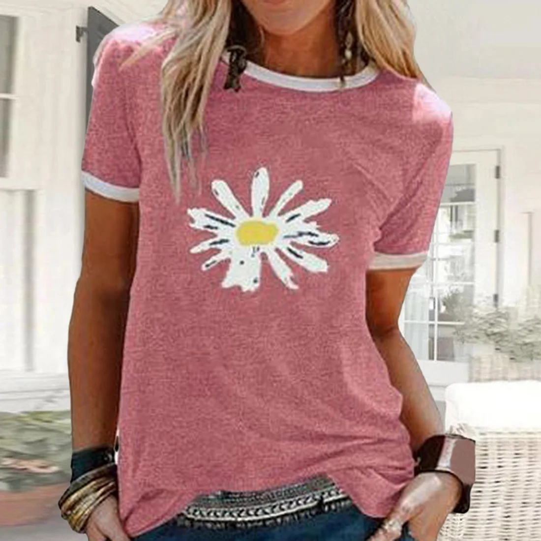 CYSINCOS Women Flower T-shirts Lady Fashion Short Sleeve Clothes Summer Shirt Top Tee O Neck Female Ladies Womens Tee T-Shirt