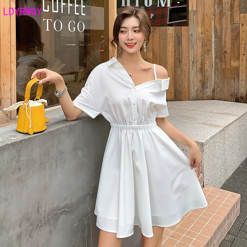 

LDYRWQY spring and summer new Korean women's temperament lapel strapless short sleeve waist chiffon was thin A-line dress