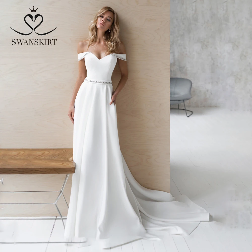 

Elegant Beaded Off Shoulder Wedding Dress NR01 Swanskirt Sweetheart Soft Satin A-Line Bride Gown Court Train Vestido de Noiva