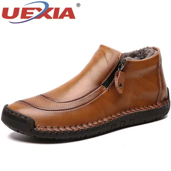 

UEXIA New Handmade Fashion Men Boots High Quality Split Leather Ankle Snow Shoes Warm Fur Plush Winter Shoes Plus Size 38-48