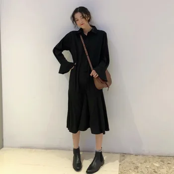 

Fall / Winter 2020 New Loose Thin Long Sleeve Dress Knee-Length Solid Sheath Vintage Zippers Turn-down Collar
