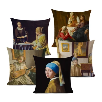 

Girl with Pearl Earrings Decorative cushion cover Oil painting art decorative linen pillow case for home decor