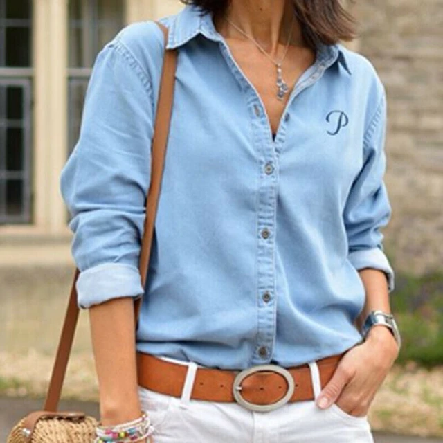 Mujer blusa de moda camisa cielo camisa de manga larga blusa de botón Casual cuello V camiseta suelta _ AliExpress Mobile