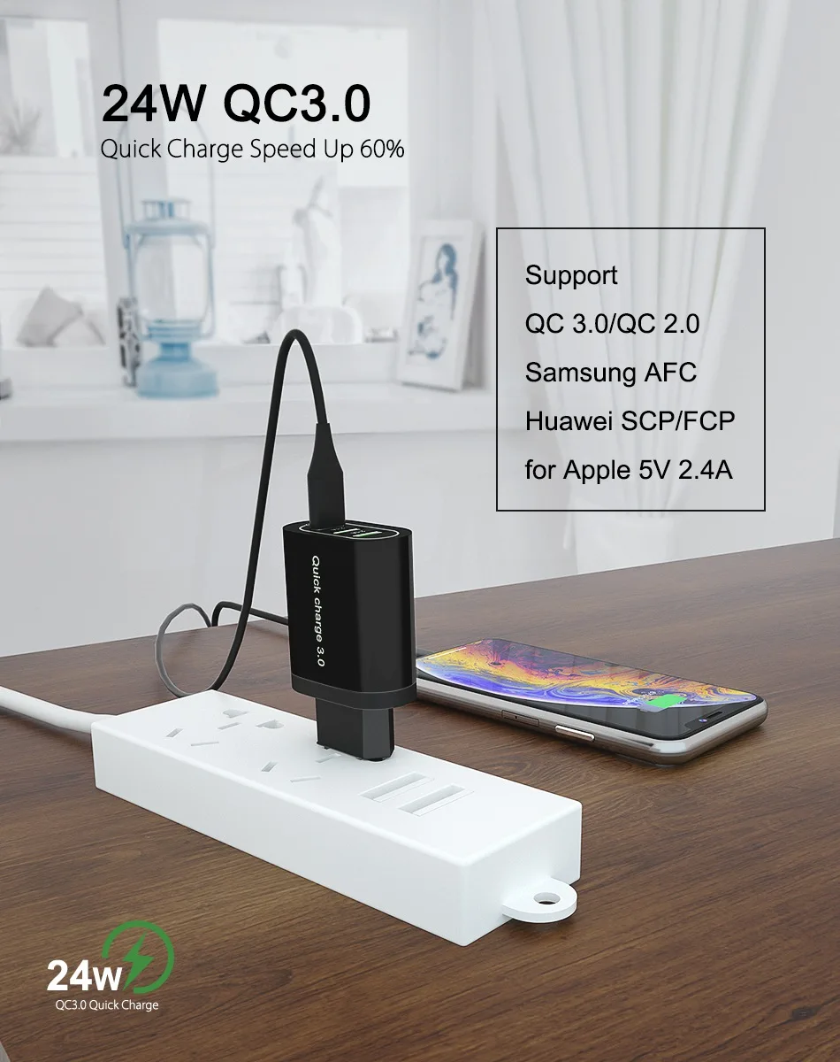 OREY 24 Вт Быстрая зарядка 3,0, 3 порта USB зарядное устройство для samsung S10 Plus QC 3,0 зарядное устройство адаптер для Xiaomi Mi 9 зарядное устройство