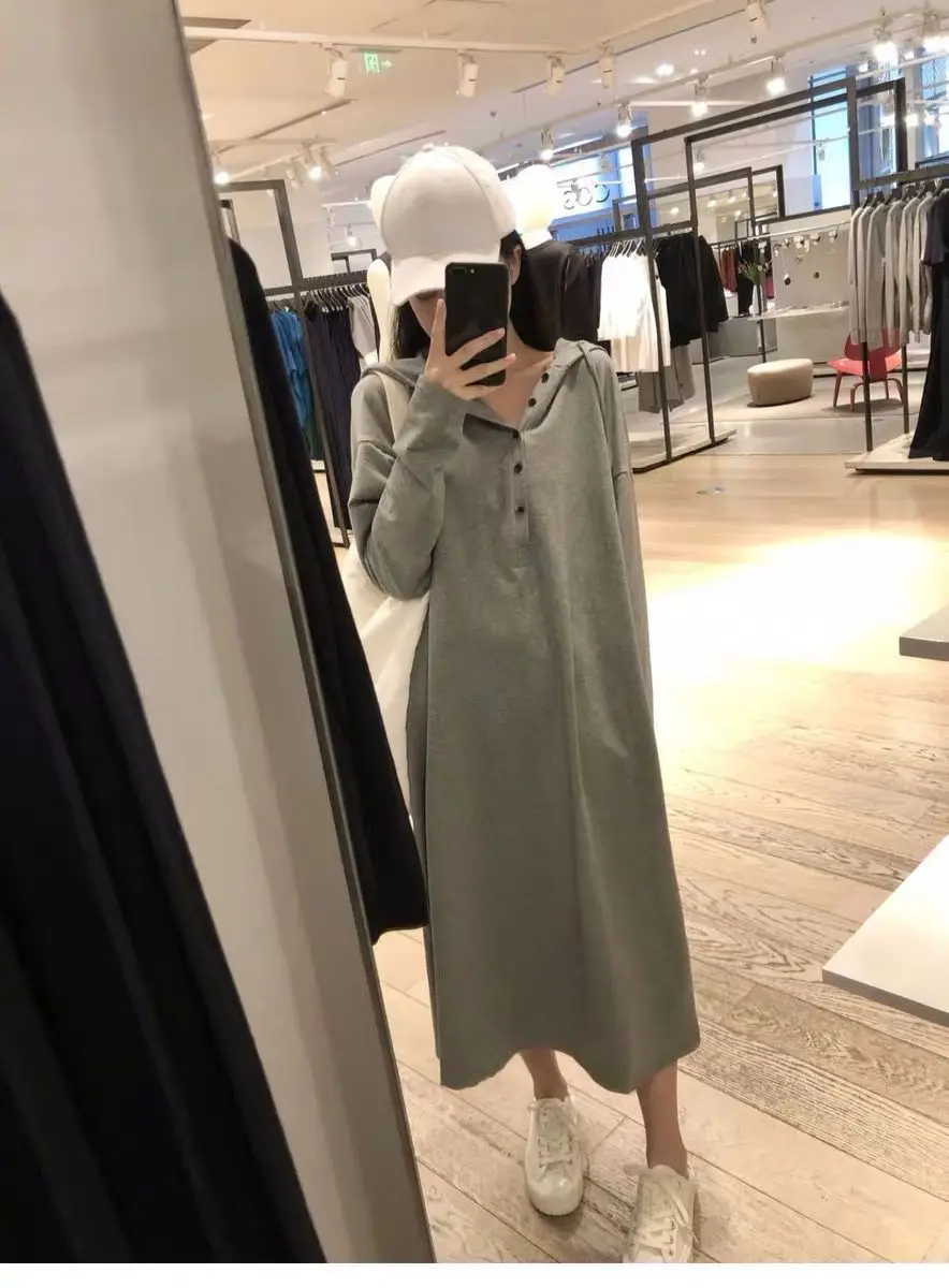 Long Sleeve Dresses Women 2020 Autumn Hooded Loose Plus Size Mid-calf Solid Elegant Womens New Arrival Fashionable Korean Style cocktail dresses