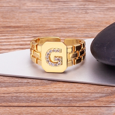 Arrival Fashion Gold Color Initial Ring Open Design Adjustable Hot Sale Watchband Chain A-Z Letters Zircon Rings For Women