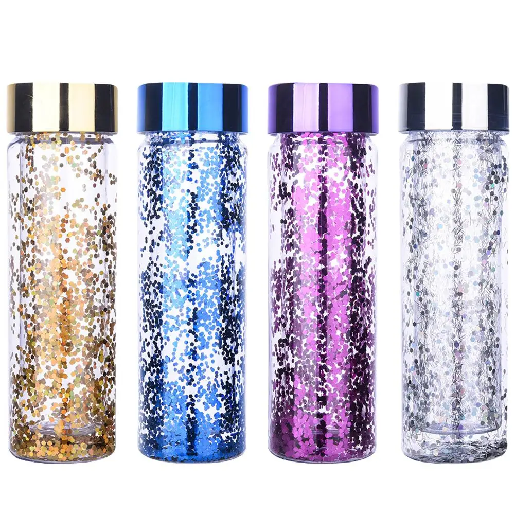 

Double-layer Vacuum Cup Plastic Water Kettle Bottle With Sequined For Outdoor Camping Office 600ML