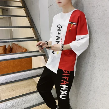 

2020 seven sleeve summer men's short sleeve T-shirt suit Korean Trend handsome health clothes Hong Kong Style hip hop