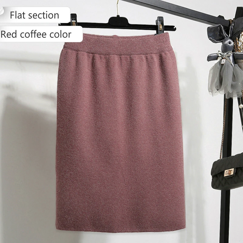 Осенняя и зимняя юбка средней длины с высокой талией, облегающая нижняя часть, открытая бедра и вязанная одношаговая юбка, Женская юбка-бандаж - Цвет: Red Coffee Flat Styl