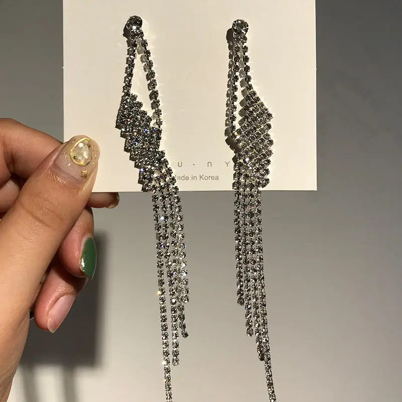 Flatfoosie, роскошные длинные висячие серьги с кристаллами и кисточками для женщин, элегантные блестящие серебряные свисающие серьги со стразами, свадебные ювелирные изделия - Окраска металла: 12
