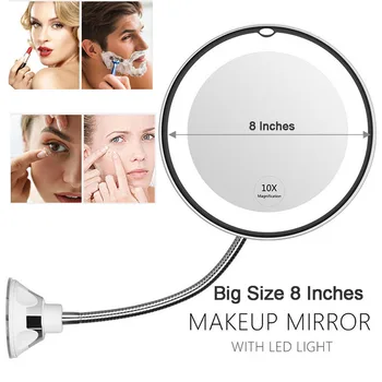 

Big Size 8inch 10X Magnifying Makeup Vanity Mirror with Lights, Flexible Gooseneck holder, Wall Mirror with Suction Cup