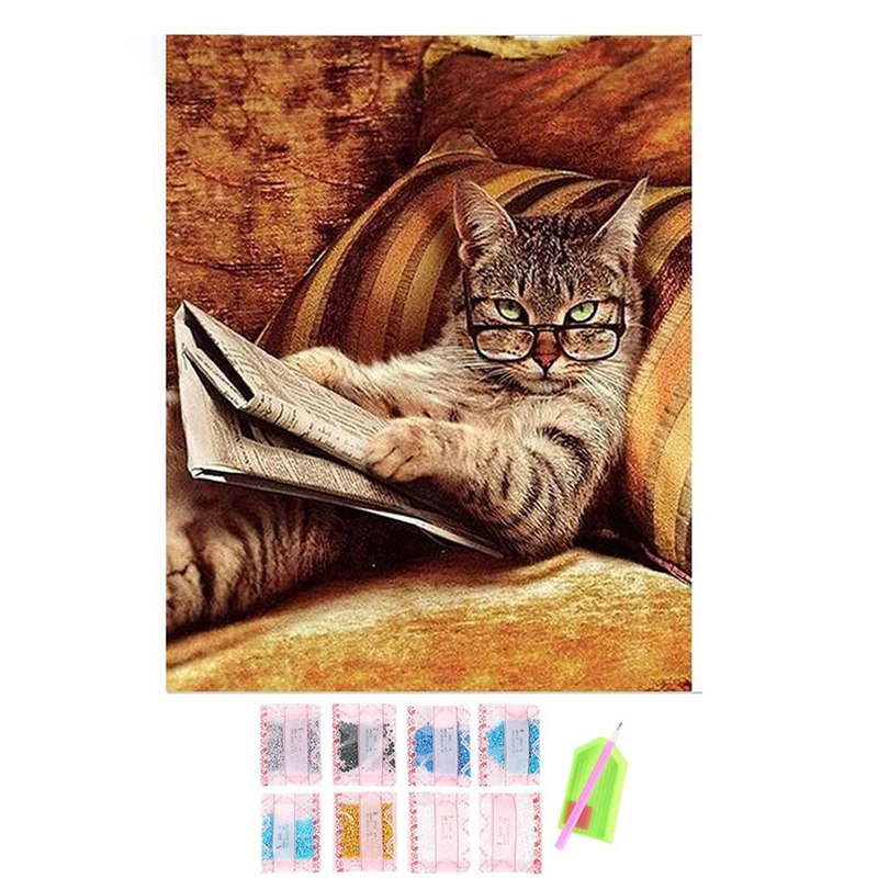 Очки кошка лежа на диване книга для чтения Diy Алмазная вышивка 5d алмазная картина