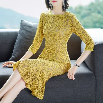 

2020 Pack Elegant Temperament Lace Medium Length Money Seven Points Sleeve Slim Fit Dress Women's Wear