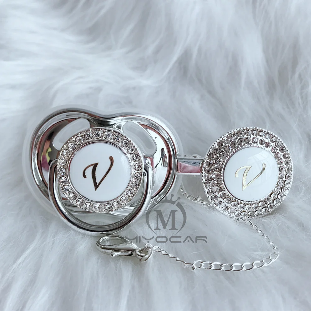 BLING name Initial letter V elegant silver bling pacifier and pacifier clip BPA free dummy bling unique design SGS pass LV